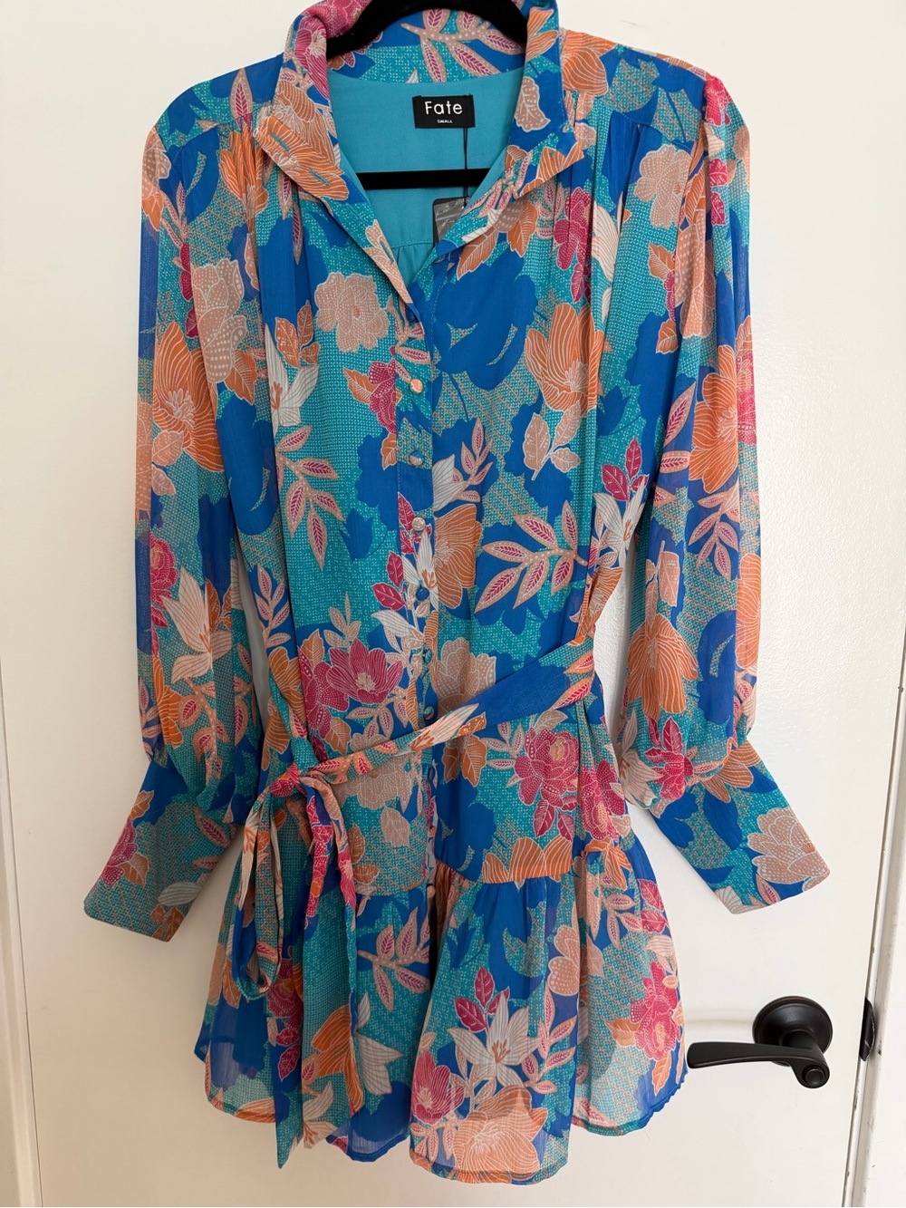 Fate Blue Floral Long-Sleeve Button Front Tie-Waist Dress